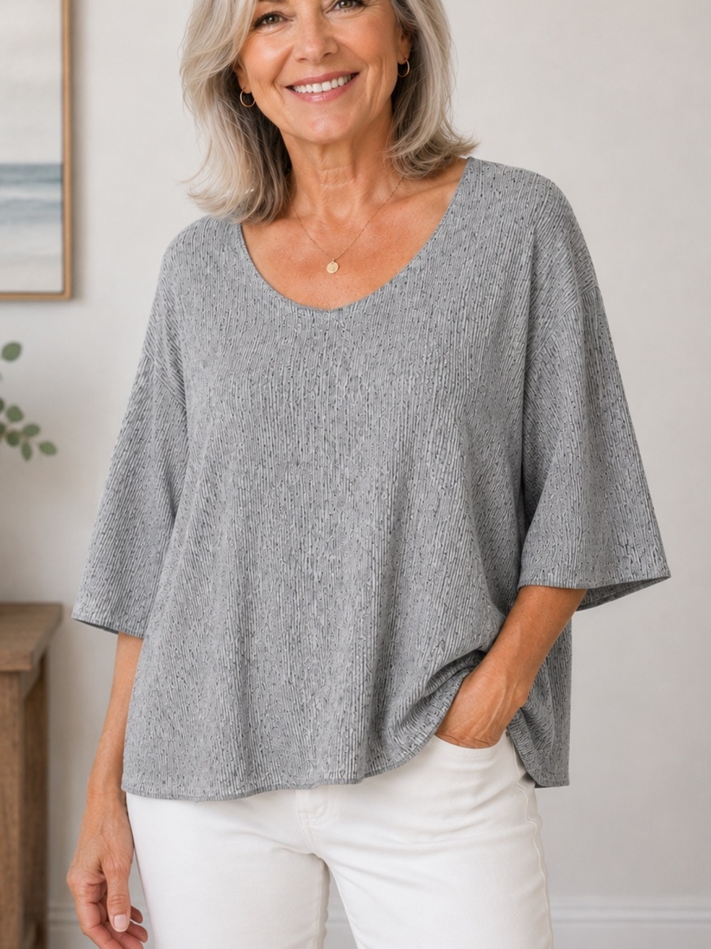 J Jill Pure Jill Linen Cotton Blend Lightweight Gray Scoop Neck Boxy Sweater Top